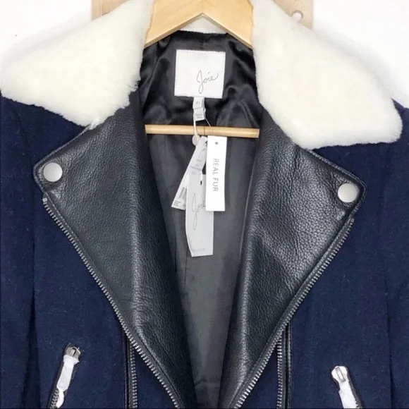 NWT JOIE FAYANA WOOL- LEATHER COZY NAVY MOTO JACKET - Picture 6 of 13